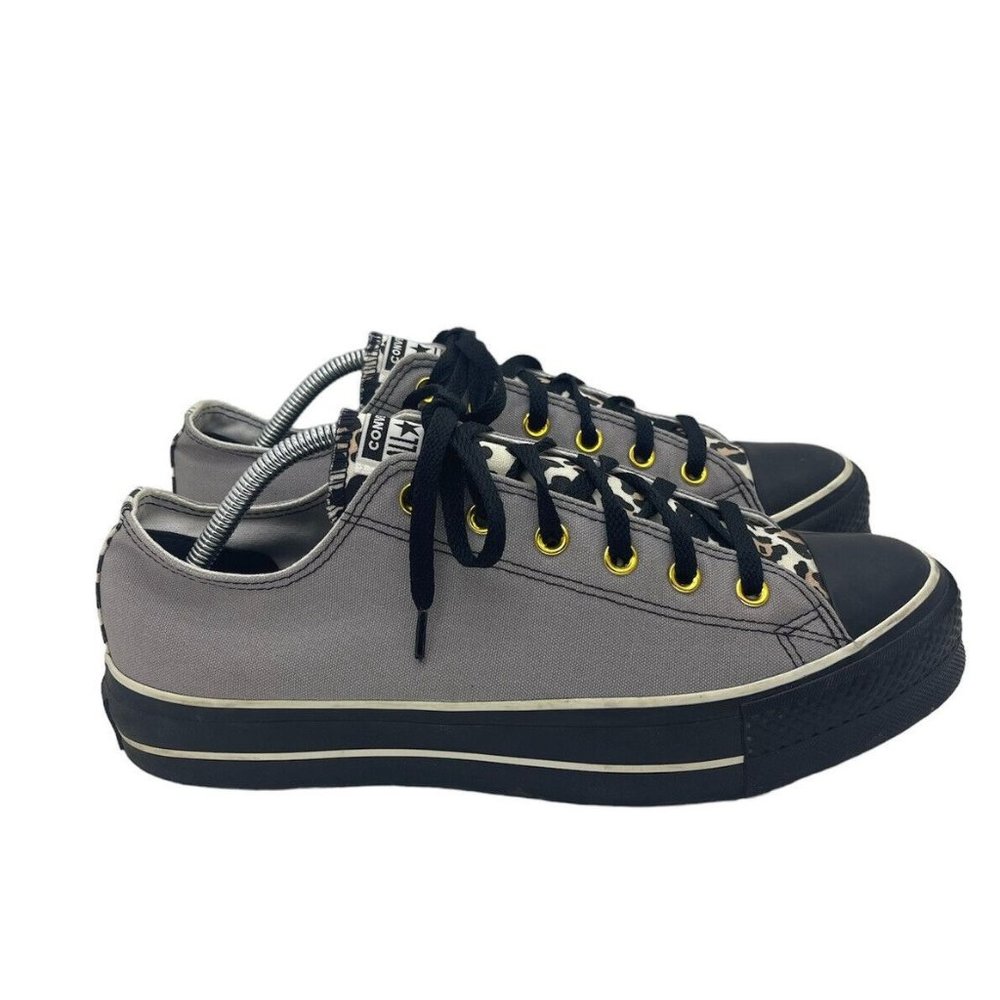 Converse Gray and Black Low-Top Moccasins with Leopard Accent